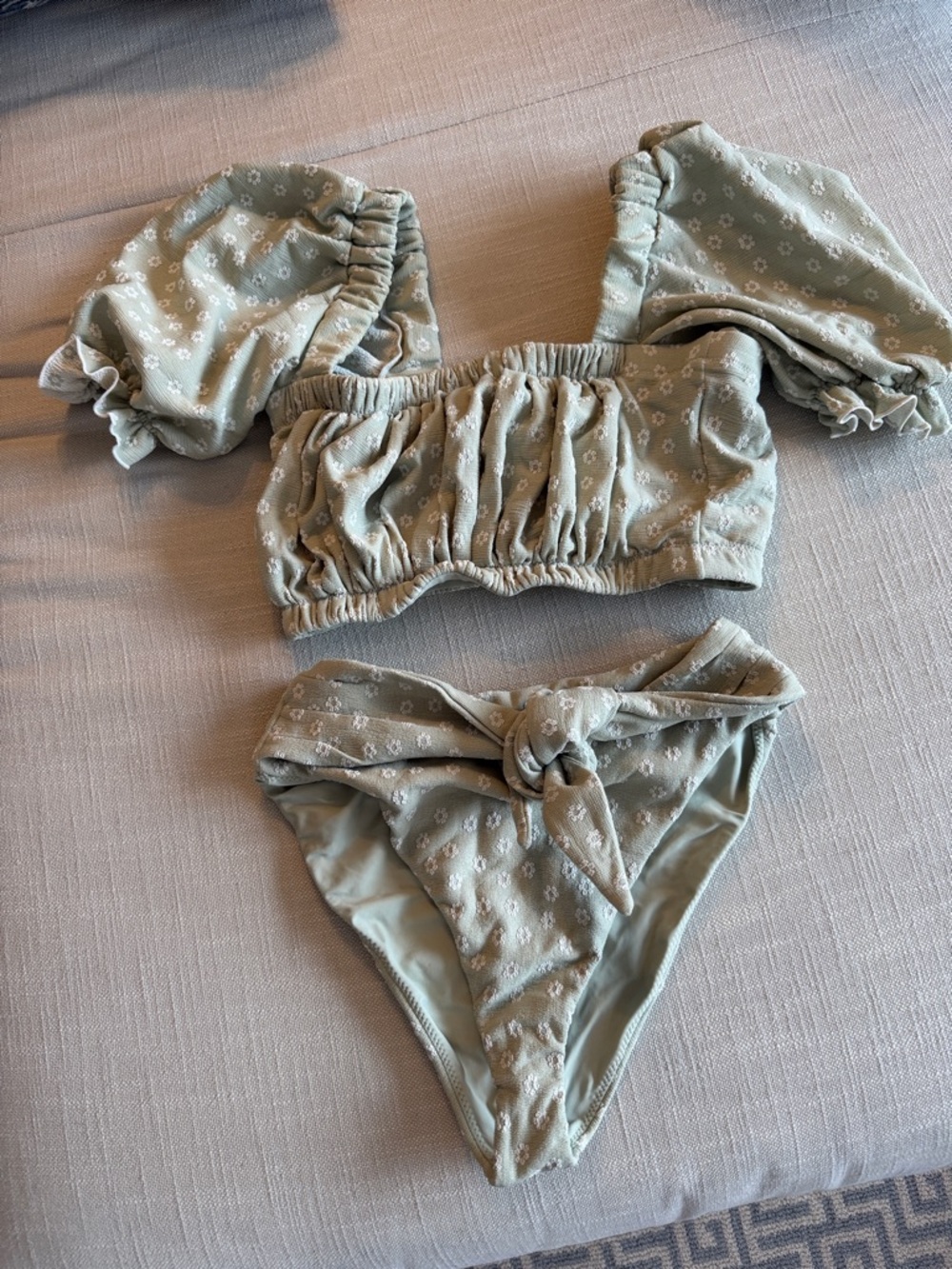 Monday Swimwear Sage Green Floral Puff Sleeve Bikini Set